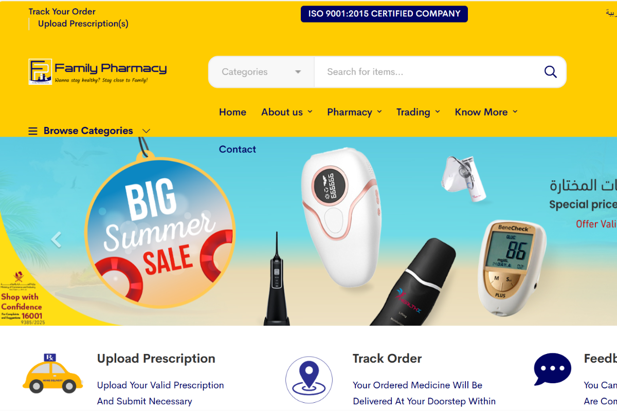 Website designed for Online Family Pharmacy by Legacy Prime in Doha Qatar